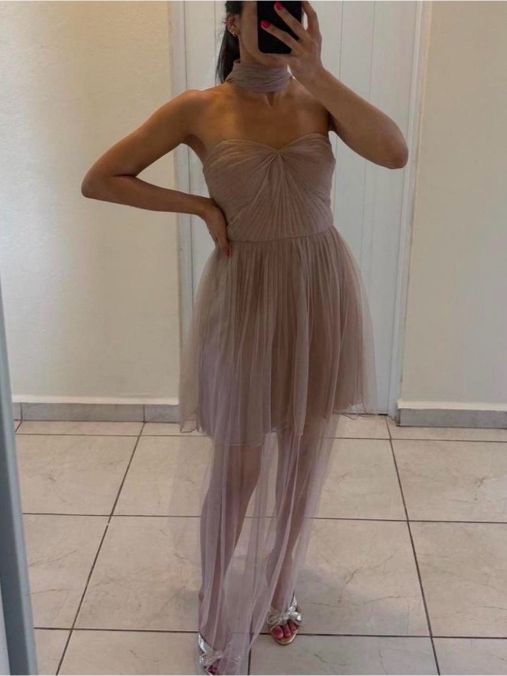 Adrianna Papell Strapless Taupe Tulle High-Low Dress